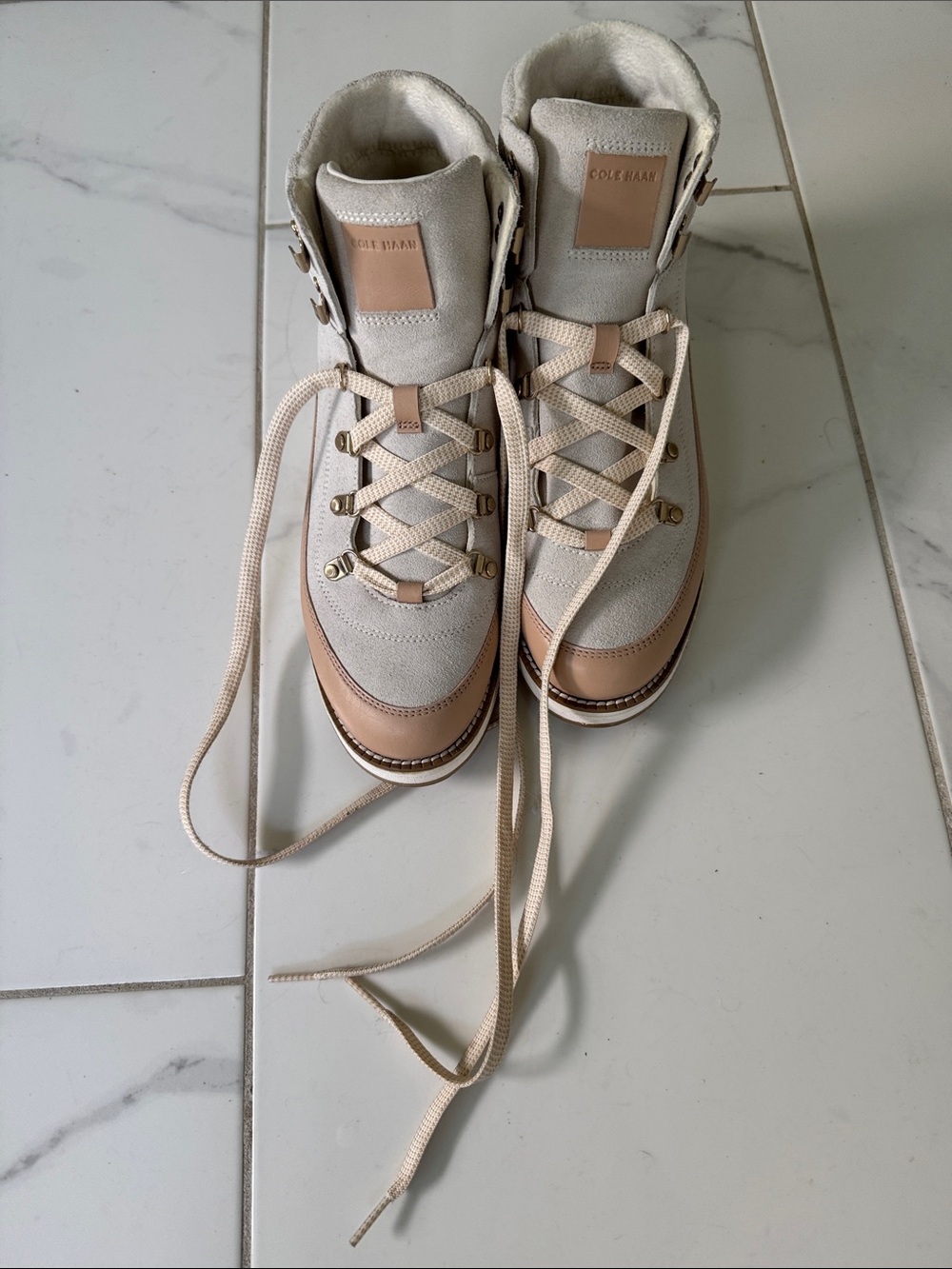 Cole Haan Light Beige and Tan Lace-Up Suede Boots